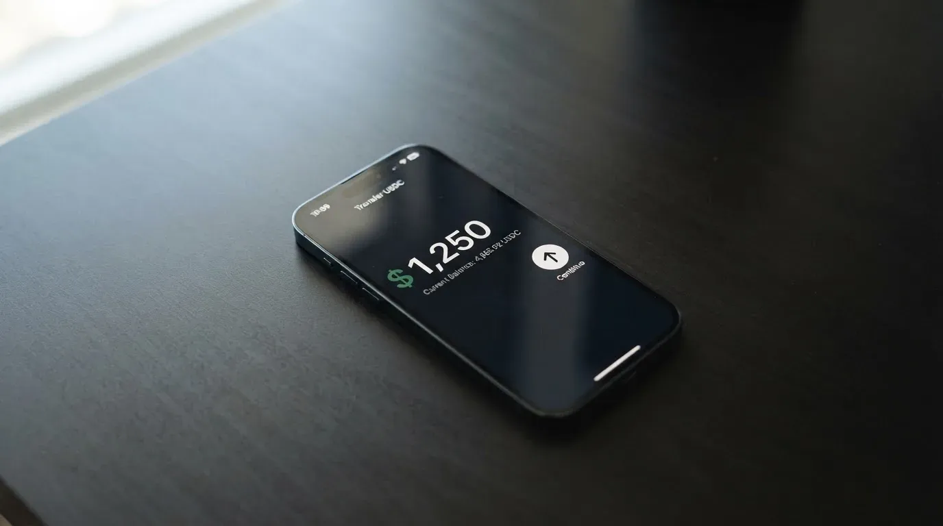 A phone showing a stablecoin transfer screen