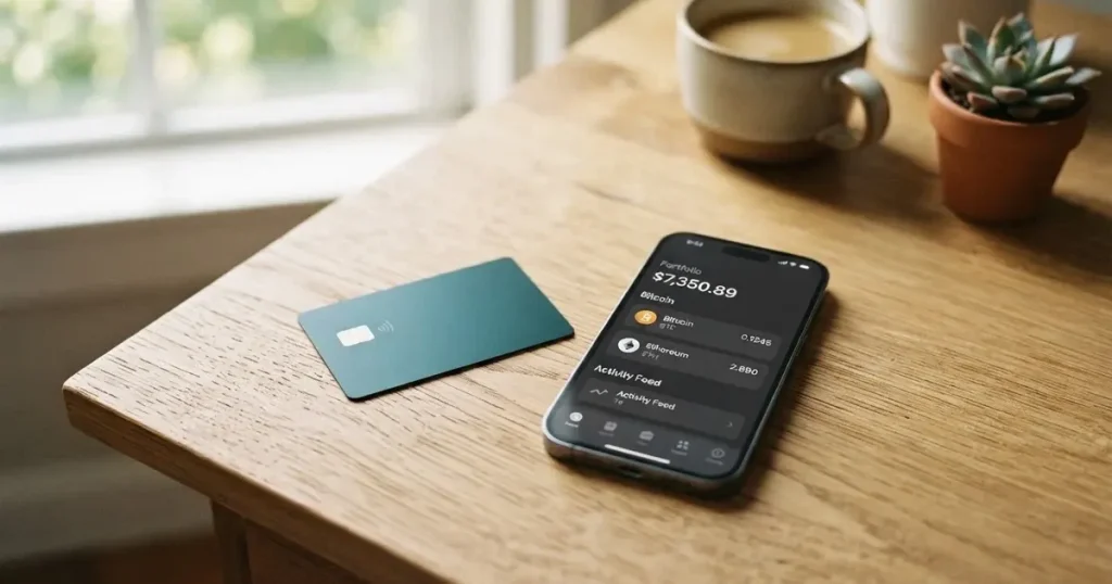 A payment card next to a phone with a crypto wallet app open