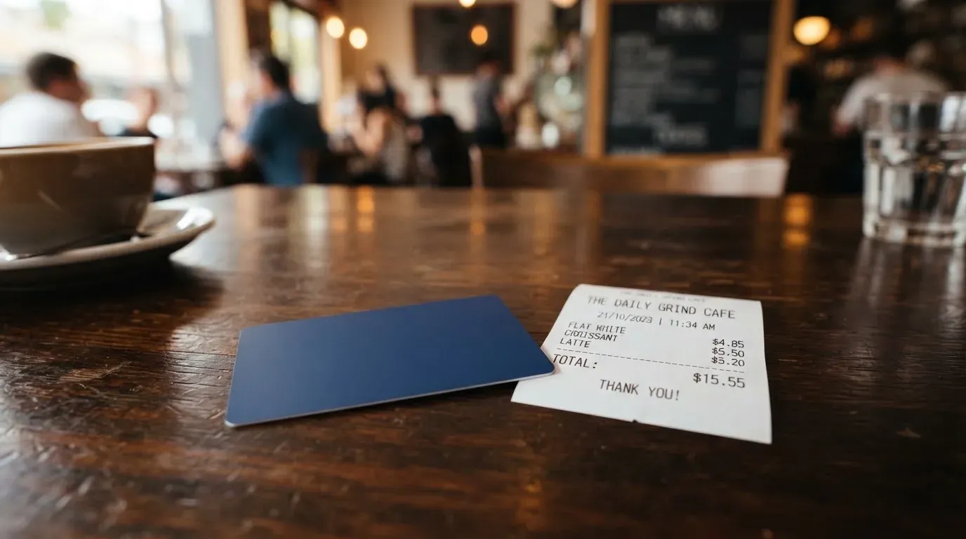 A receipt and a card on a café table