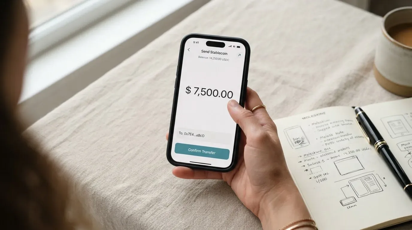 A phone showing a stablecoin transfer screen
