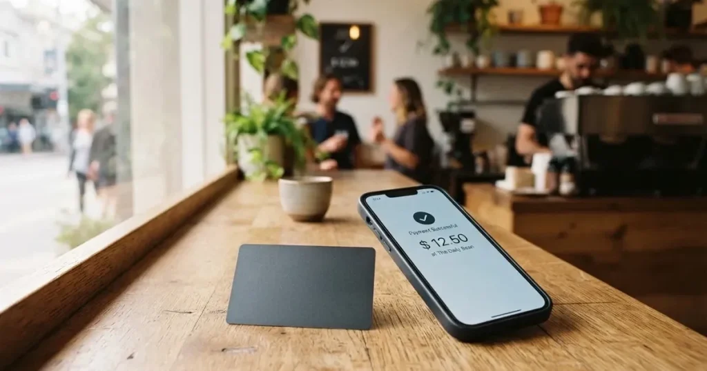 A payment card next to a phone with a crypto wallet app open