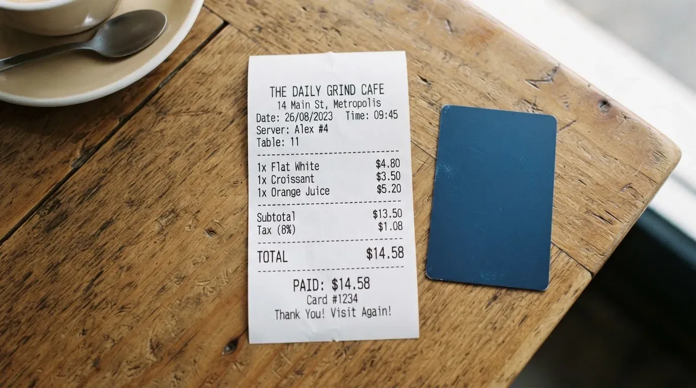 A receipt and a card on a café table