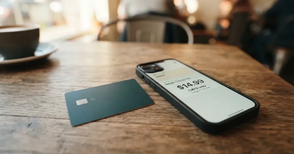 A payment card next to a phone with a crypto wallet app open