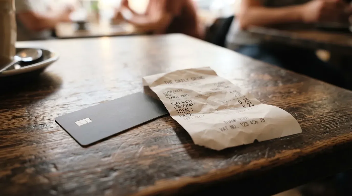 A receipt and a card on a café table