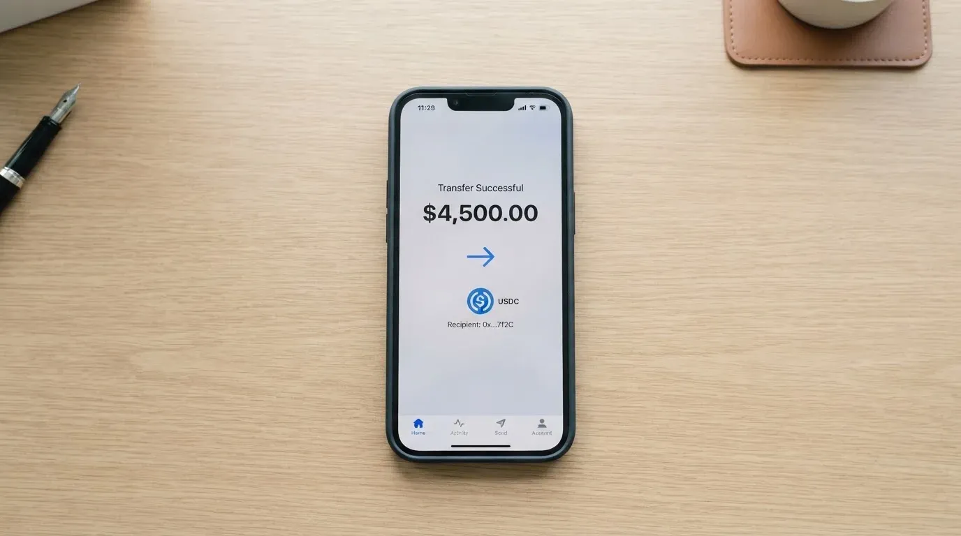 A phone showing a stablecoin transfer screen