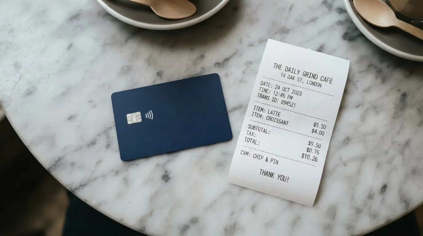 A receipt and a card on a café table