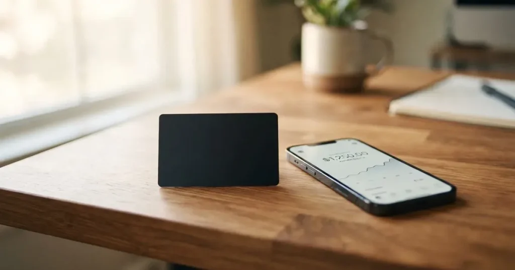 A payment card next to a phone with a crypto wallet app open