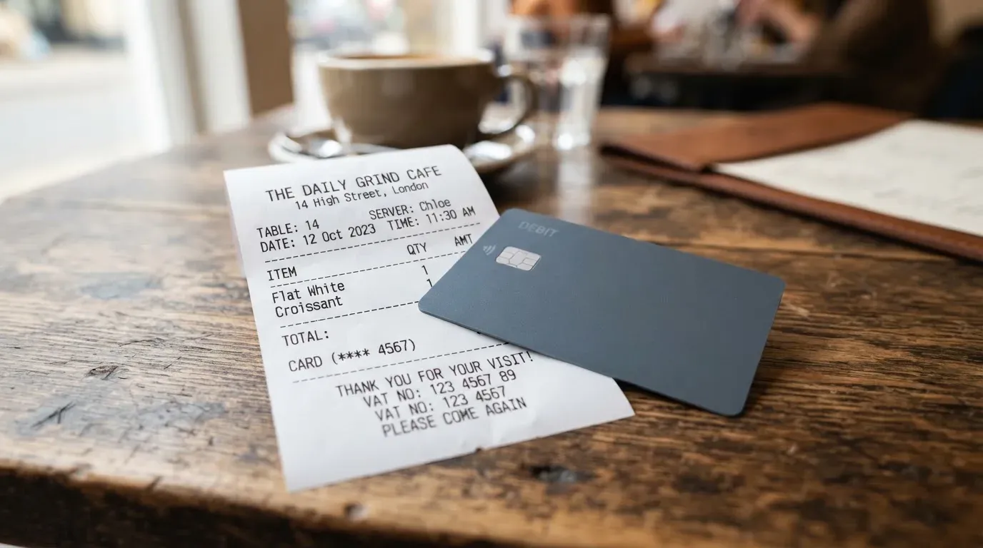A receipt and a card on a café table