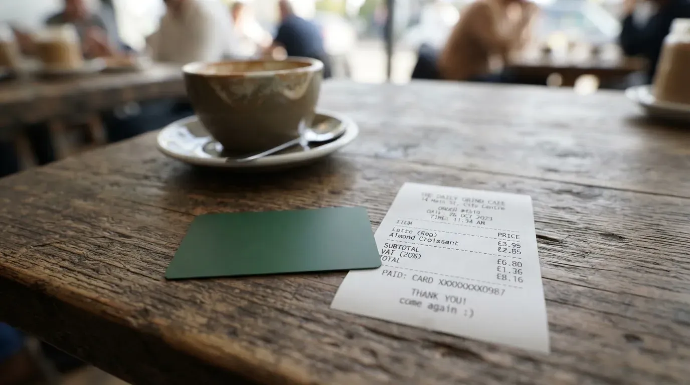 A receipt and a card on a café table