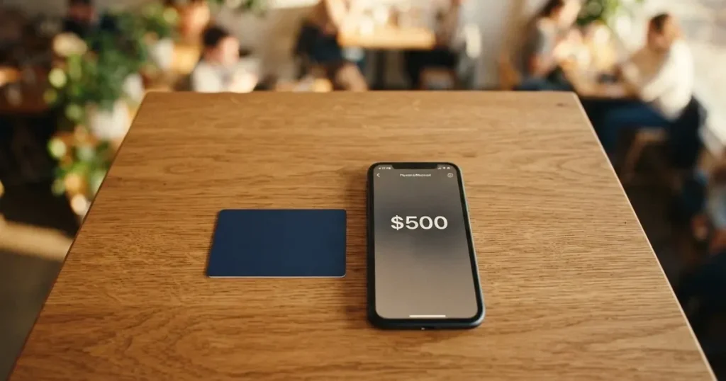 A payment card next to a phone with a crypto wallet app open
