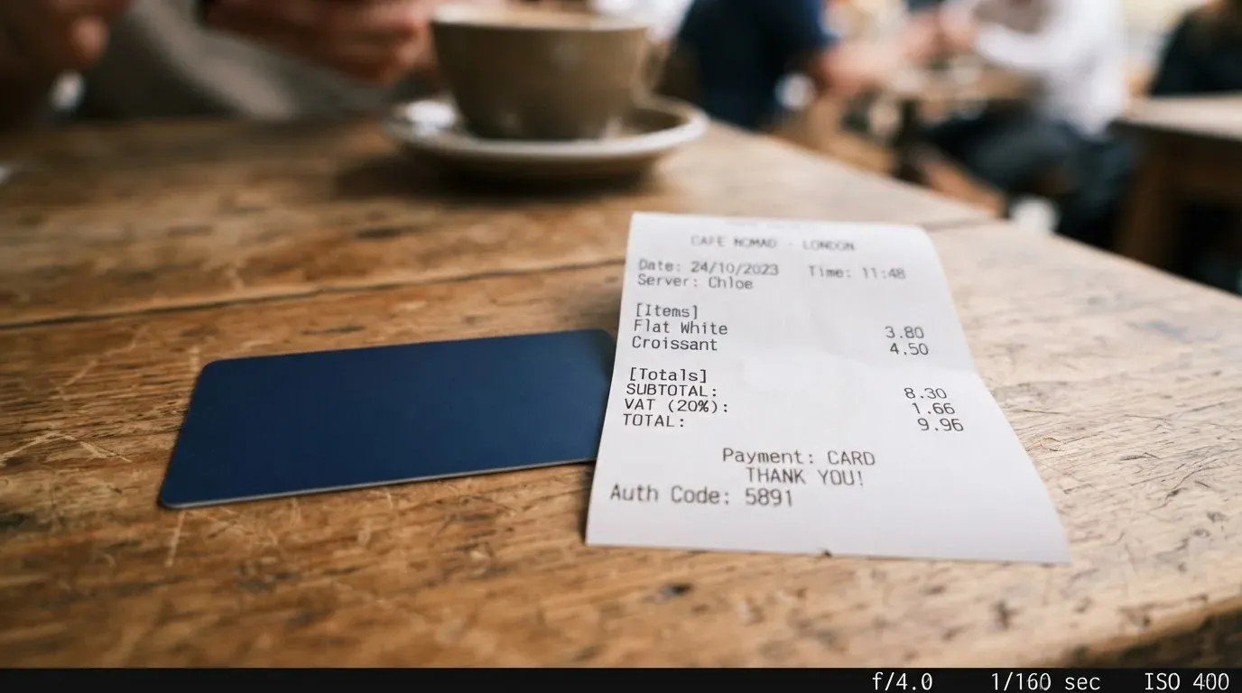 A receipt and a card on a café table