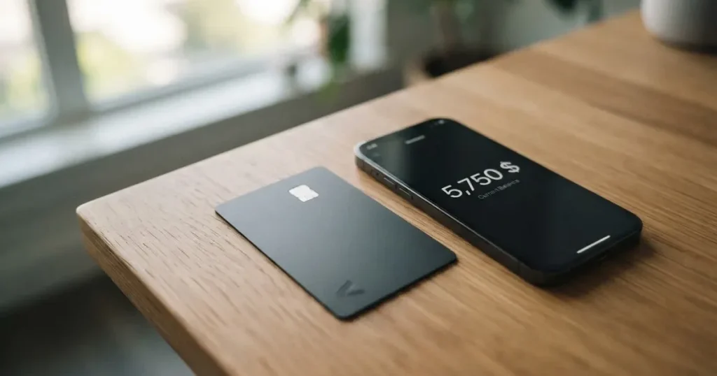 A payment card next to a phone with a crypto wallet app open
