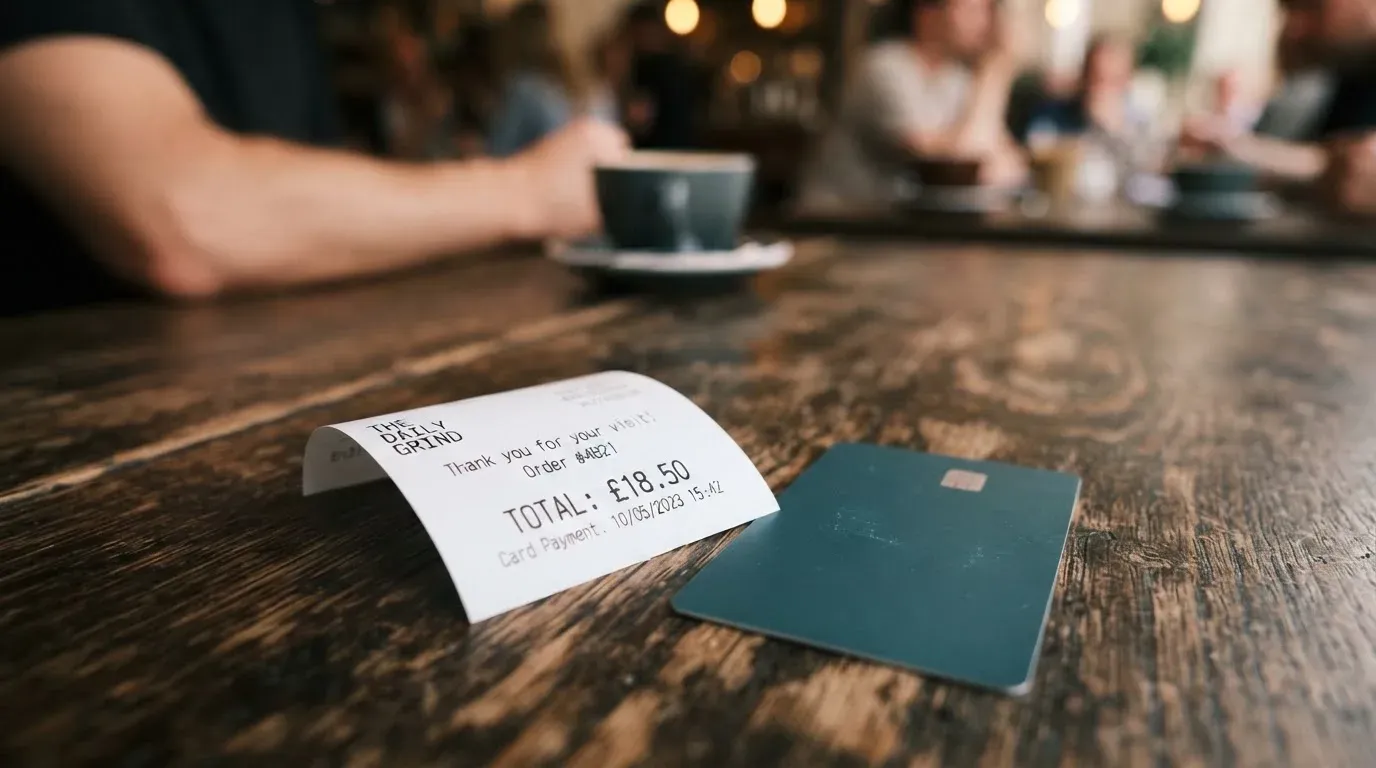 A receipt and a card on a café table