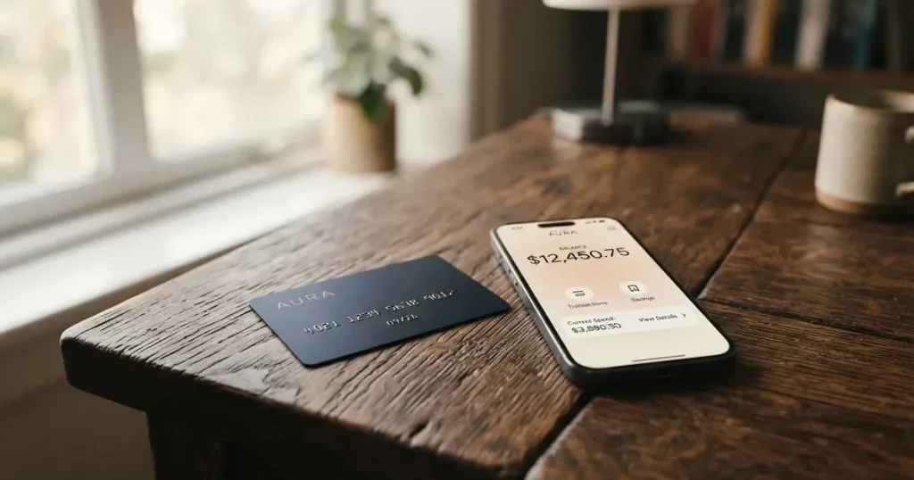 A payment card next to a phone with a crypto wallet app open
