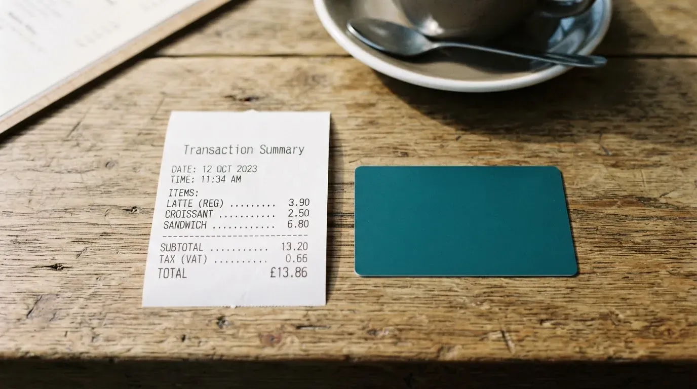A receipt and a card on a café table