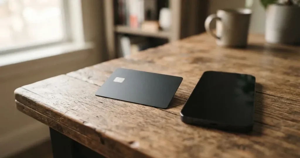 A payment card next to a phone with a crypto wallet app open
