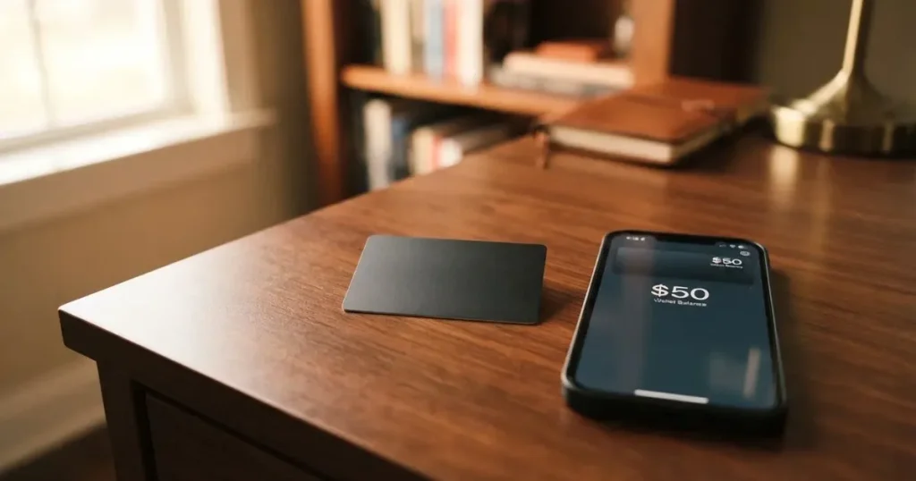 A payment card next to a phone with a crypto wallet app open