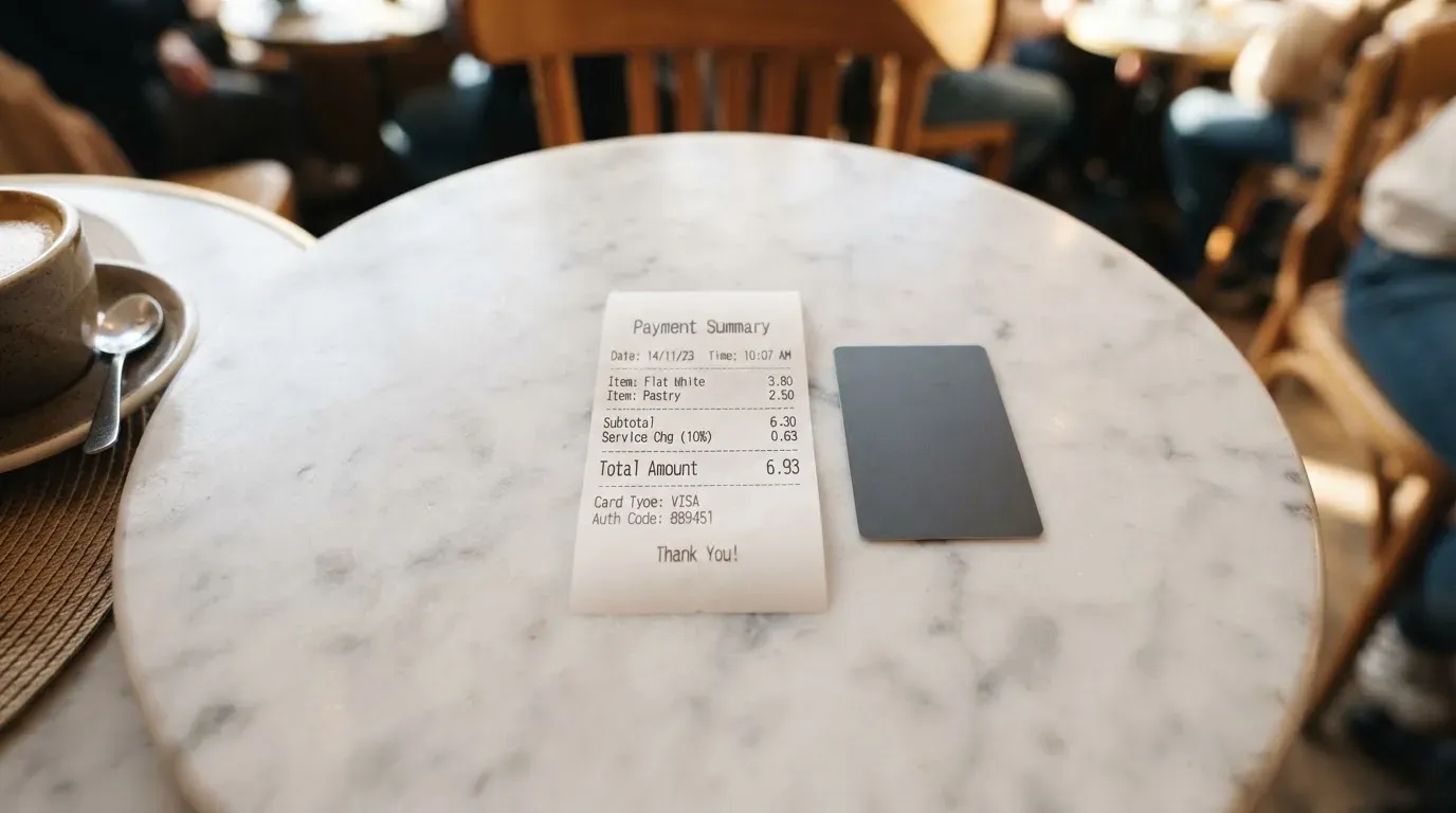 A receipt and a card on a café table