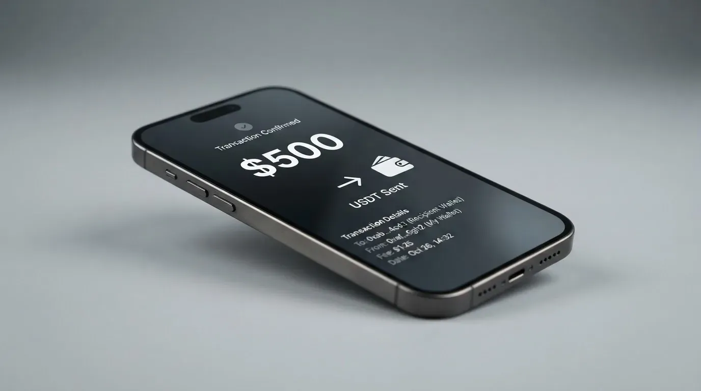 A phone showing a stablecoin transfer screen