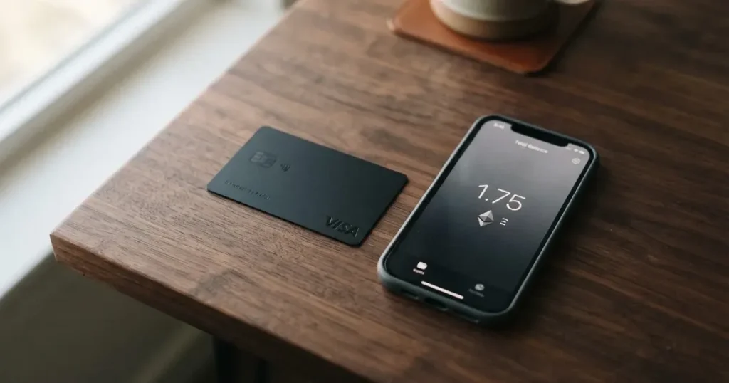 A payment card next to a phone with a crypto wallet app open