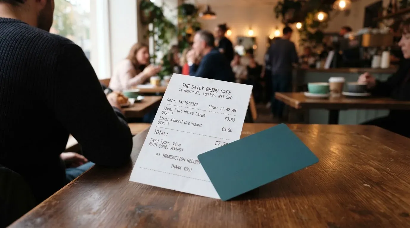 A receipt and a card on a café table