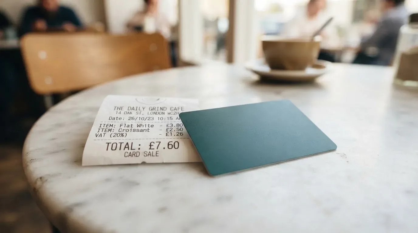 A receipt and a card on a café table
