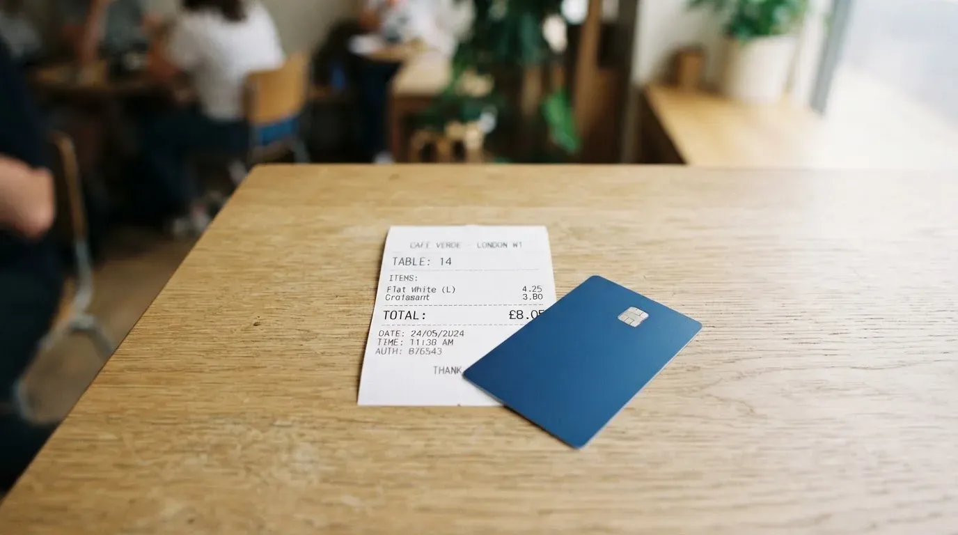A receipt and a card on a café table