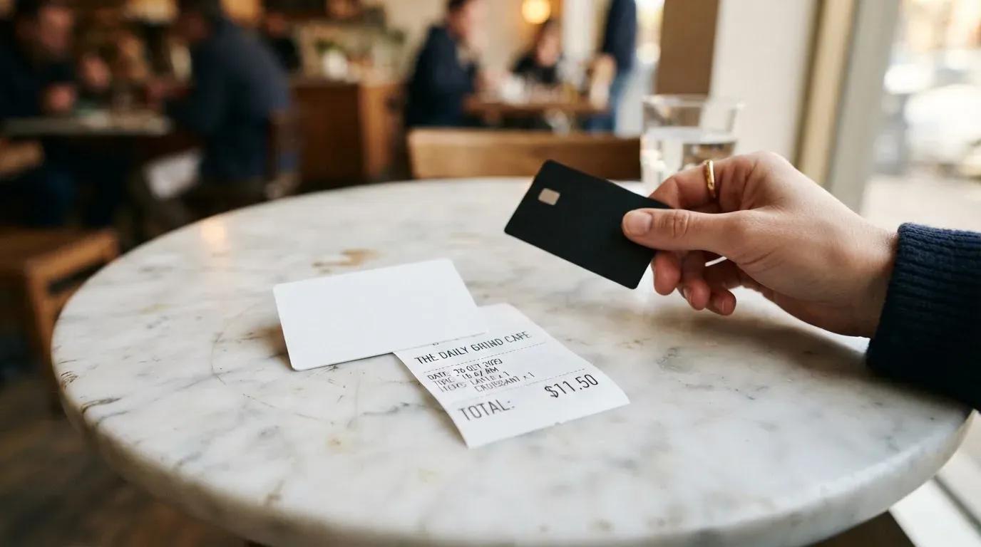 A receipt and a card on a café table