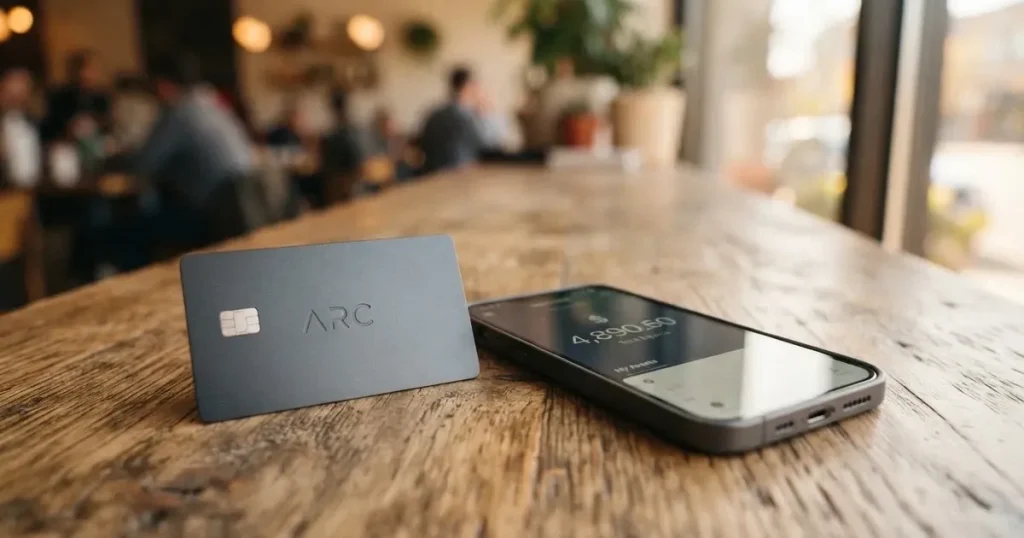 A payment card next to a phone with a crypto wallet app open