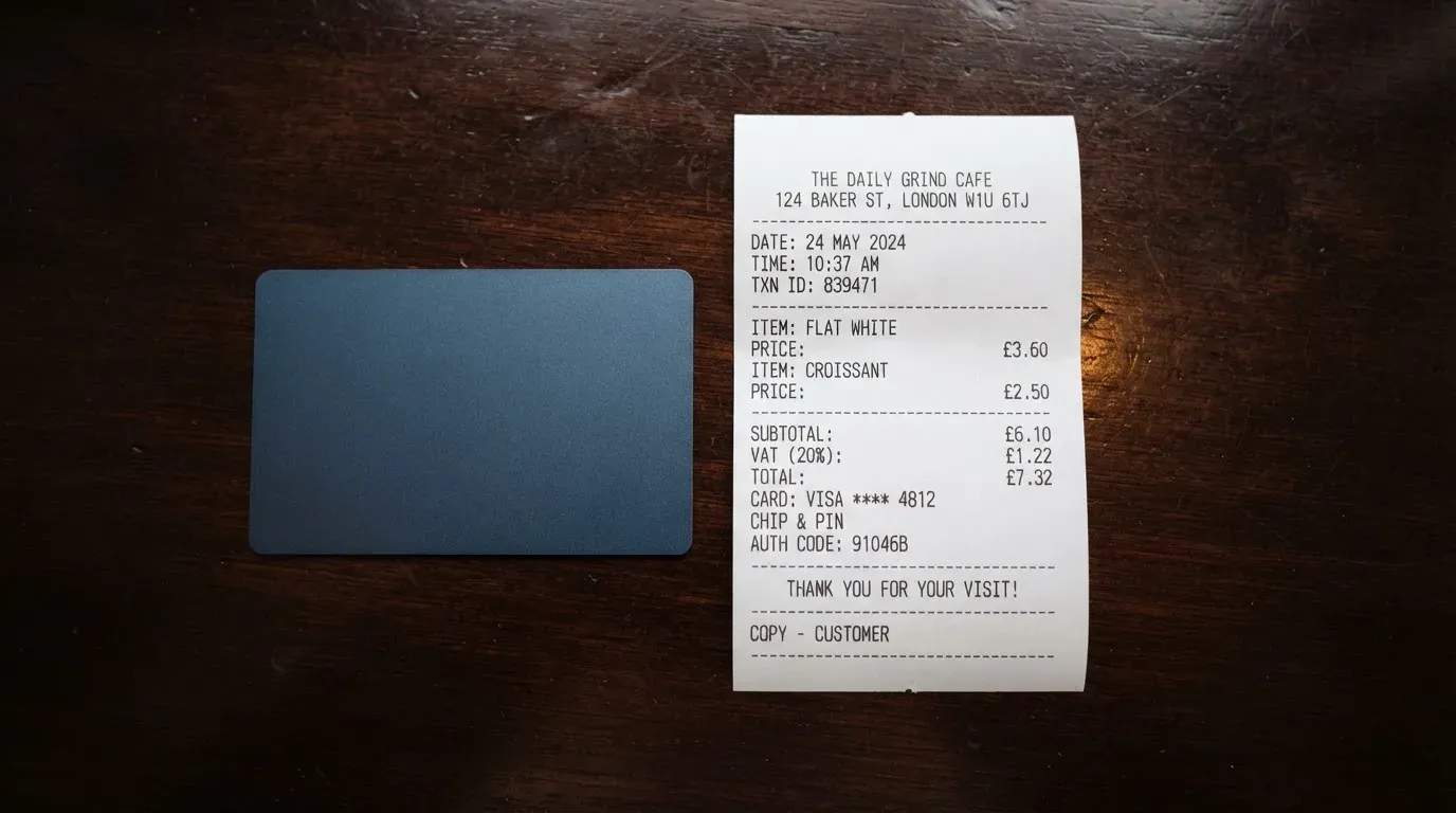 A receipt and a card on a café table
