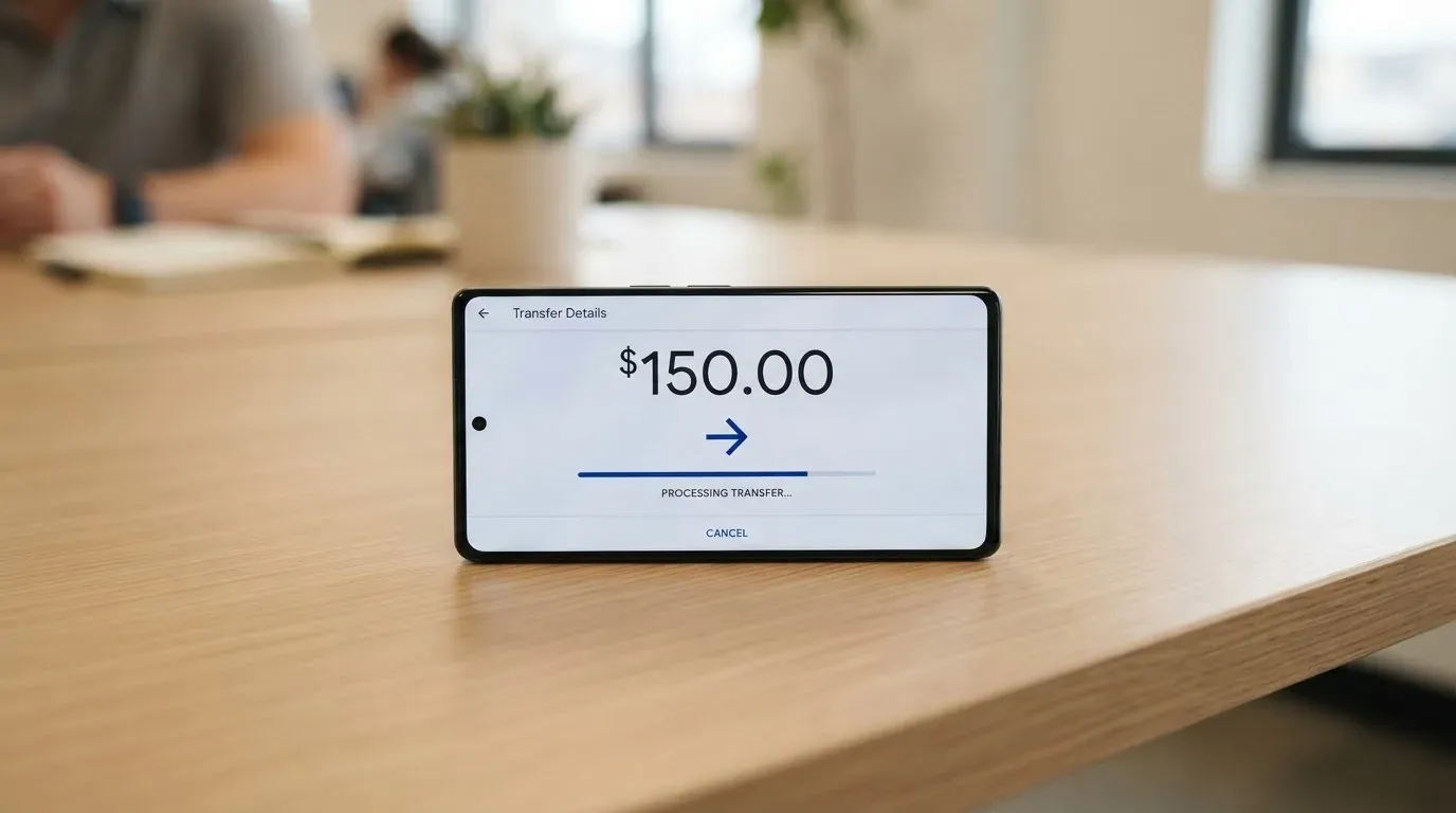 A phone showing a stablecoin transfer screen