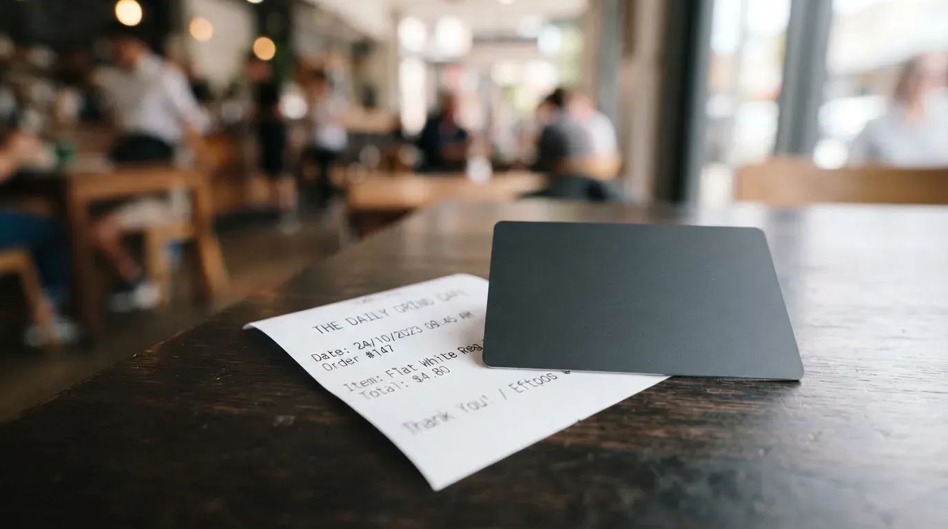 A receipt and a card on a café table