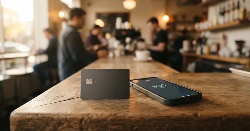 A payment card next to a phone with a crypto wallet app open