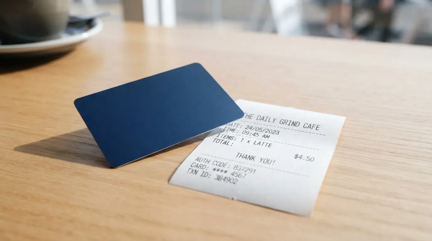 A receipt and a card on a café table