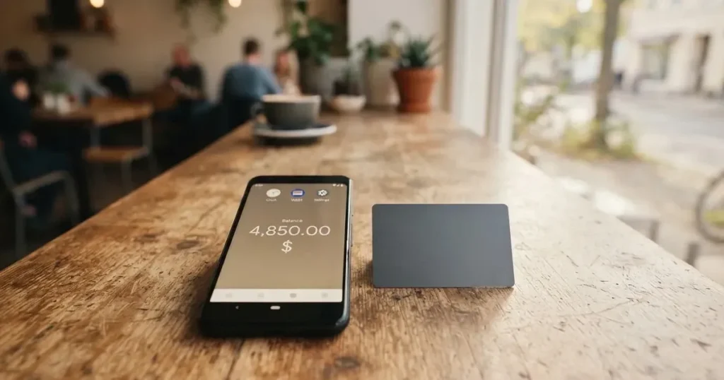 A payment card next to a phone with a crypto wallet app open