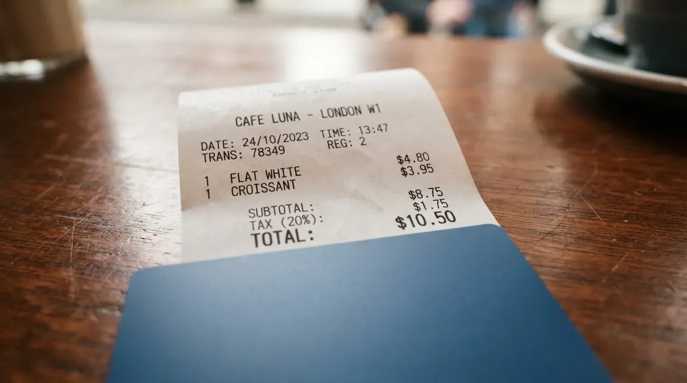 A receipt and a card on a café table