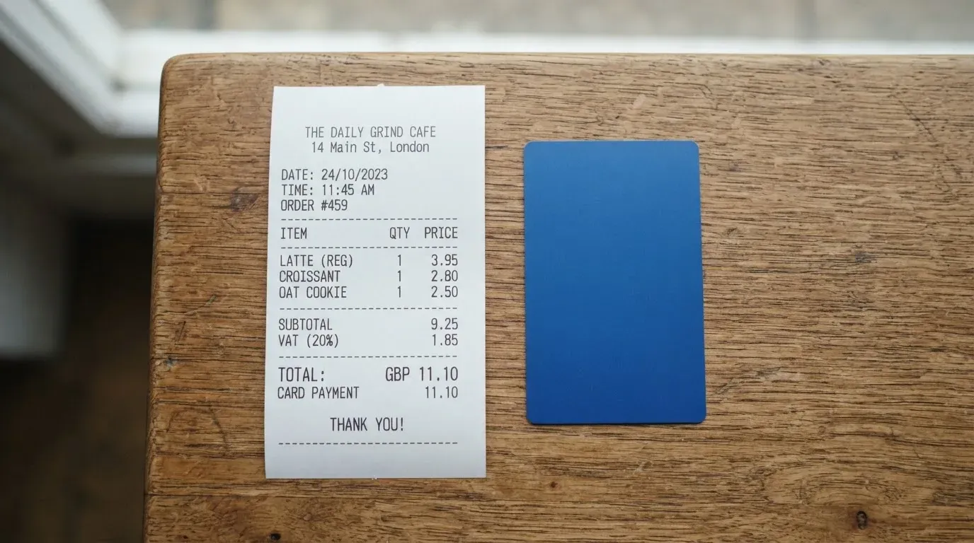 A receipt and a card on a café table