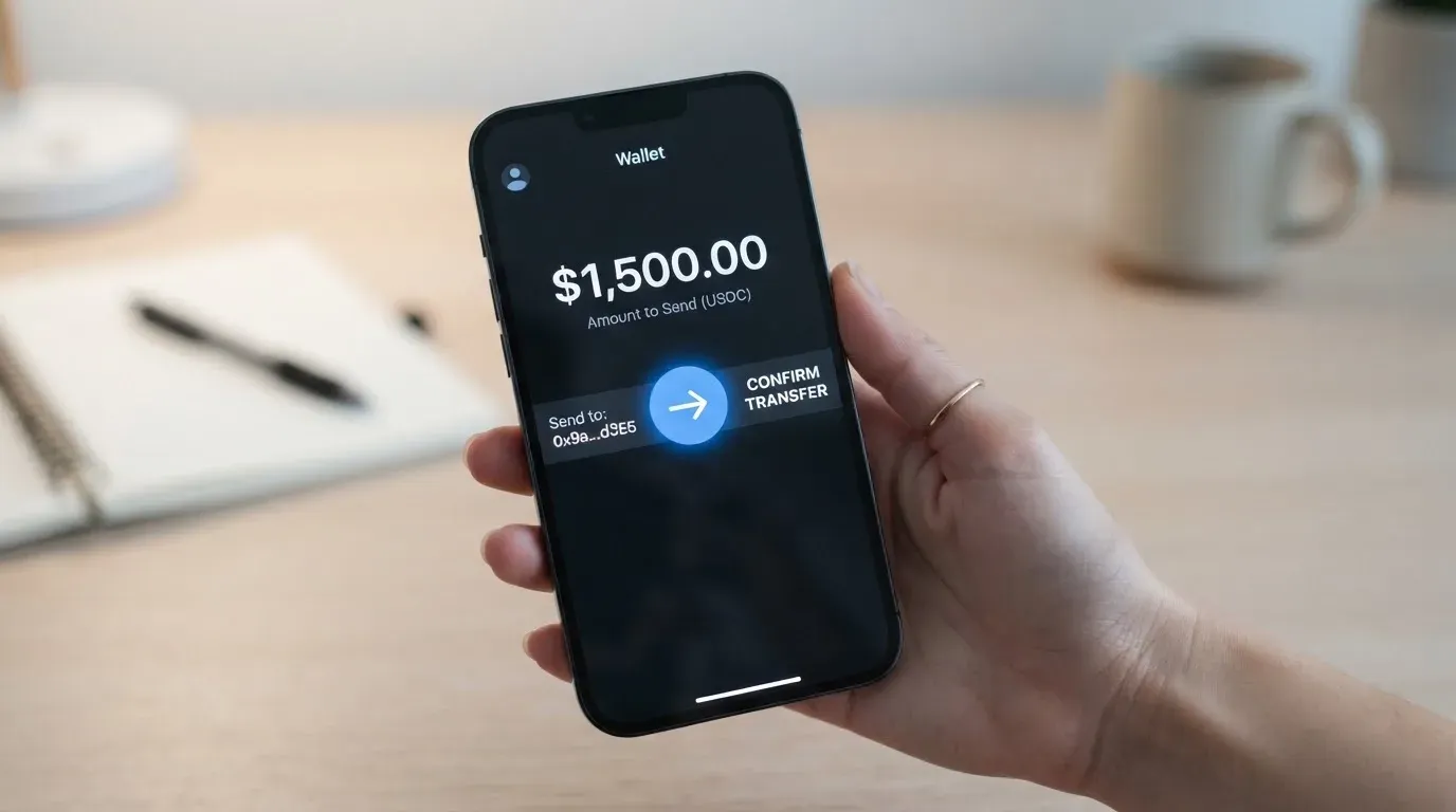A phone showing a stablecoin transfer screen