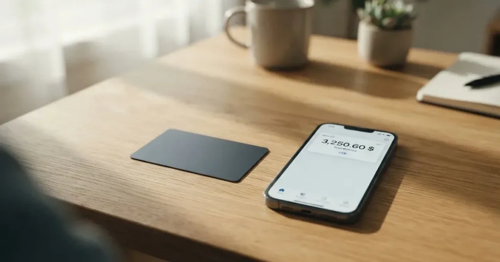 A payment card next to a phone with a crypto wallet app open