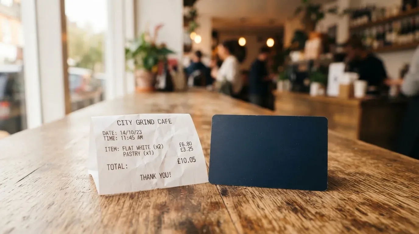A receipt and a card on a café table