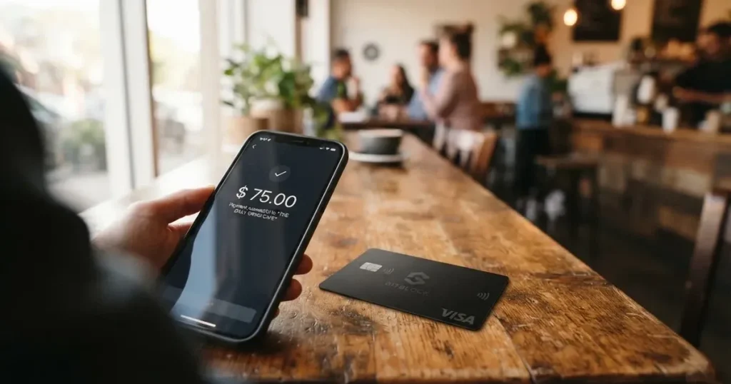 A payment card next to a phone with a crypto wallet app open