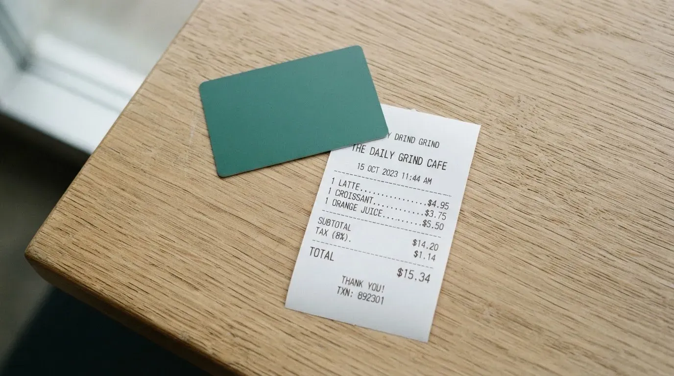 A receipt and a card on a café table