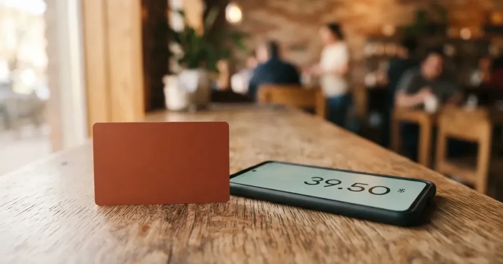 A payment card next to a phone with a crypto wallet app open