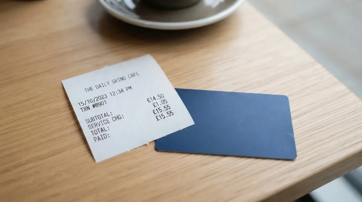 A receipt and a card on a café table