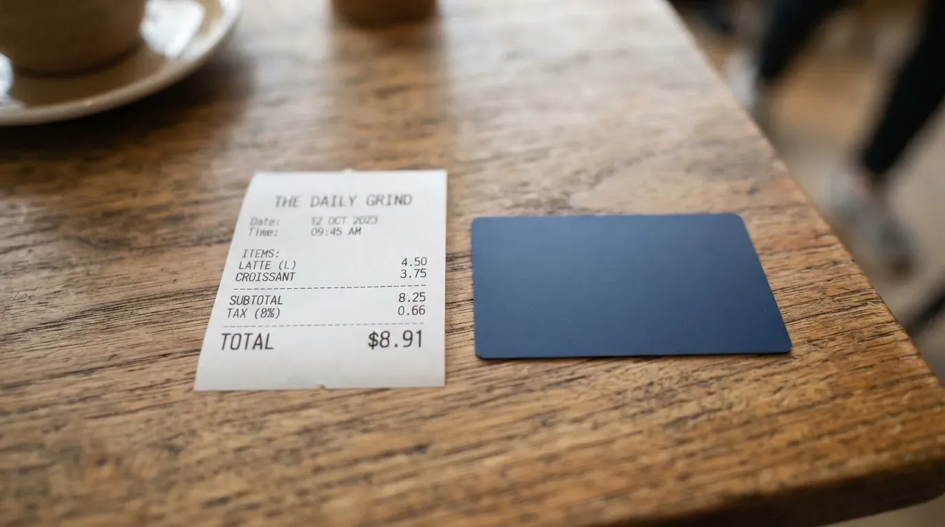A receipt and a card on a café table