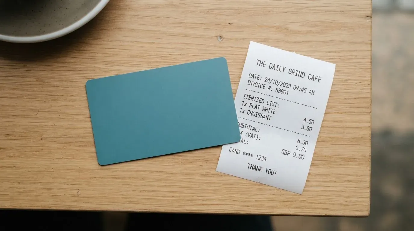 A receipt and a card on a café table