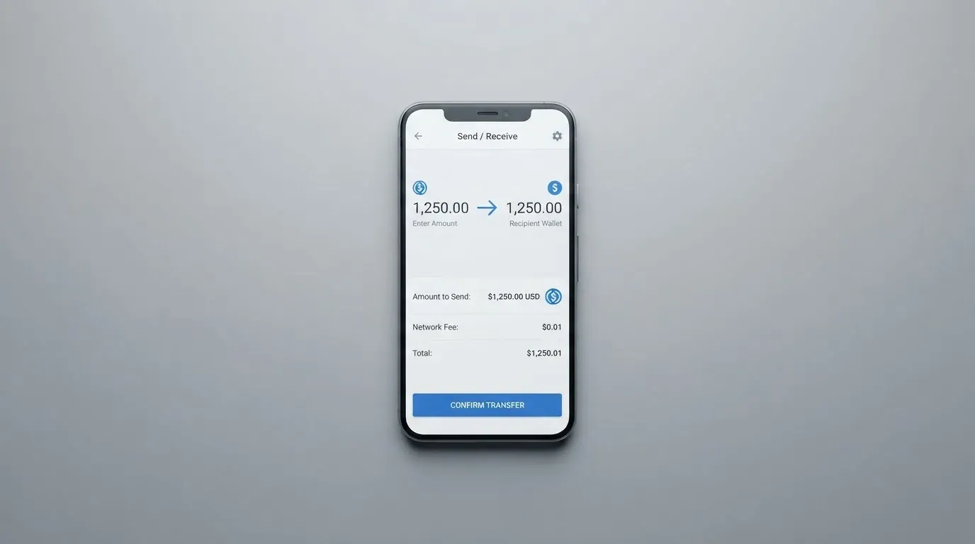 A phone showing a stablecoin transfer screen