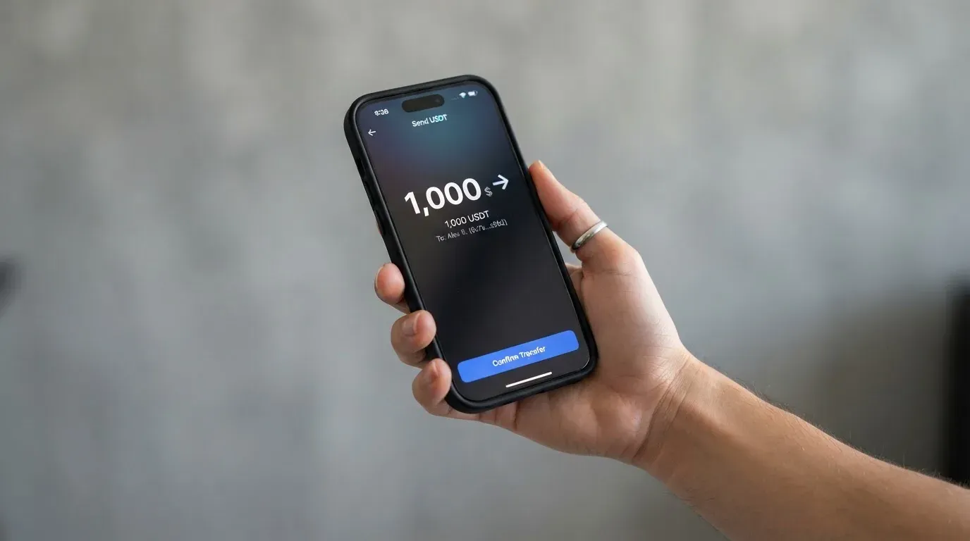 A phone showing a stablecoin transfer screen