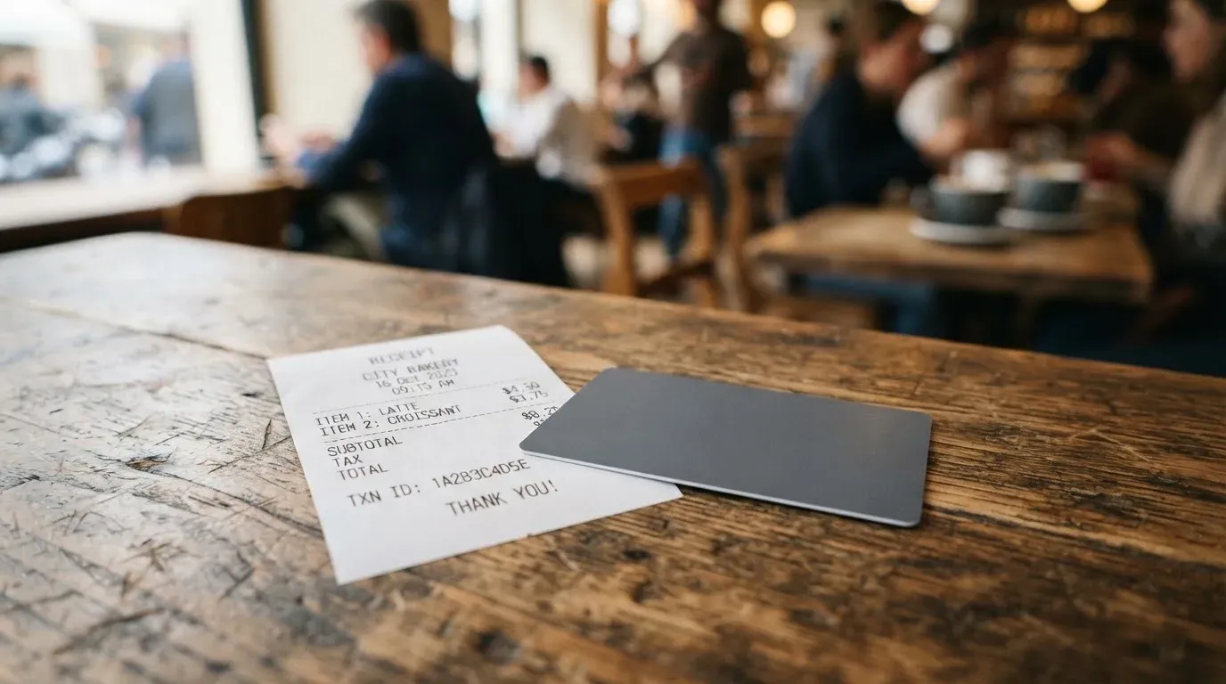 A receipt and a card on a café table