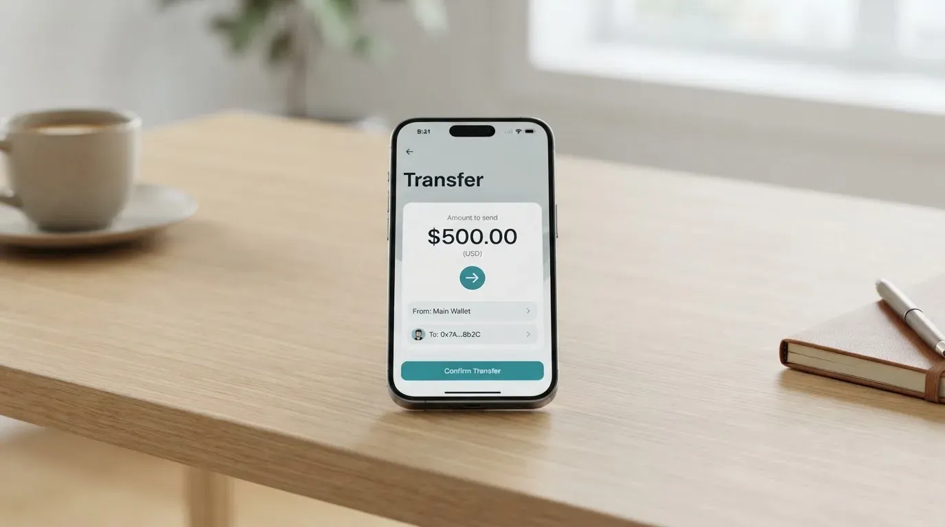 A phone showing a stablecoin transfer screen